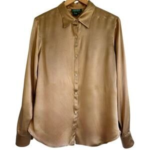 Vintage Lauren Ralph Lauren 100% Silk Blouse New Camel Long Sleeve, Sz 16 NWT
